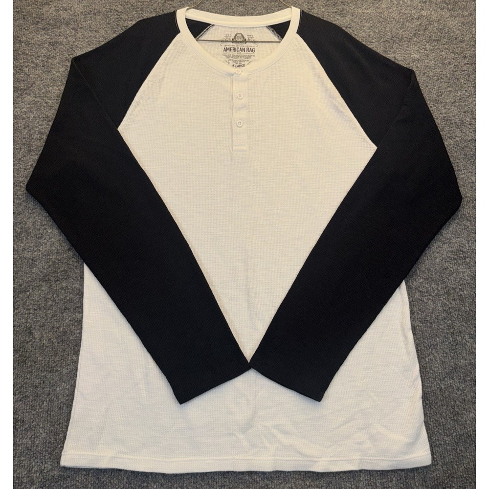 American Rag Men's XL Black White Thermal Waffle Knit Raglan Henley Shirt